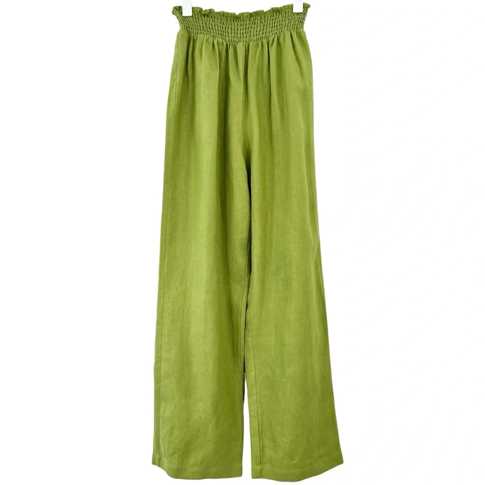 Reformation Vera Linen 2 Piece Set - Green Smocked Top & Matching Cropped Pants